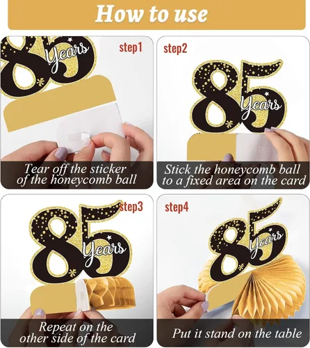 Vista 4 de 9 piezas de decoración de cumpleaños n.° 85, centros de mesa de cumpleaños 75 para decoración de mesas, decoraciones de nido de abeja a 85 años