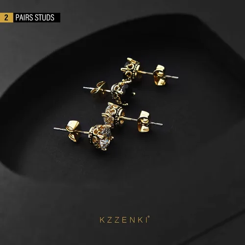 Vista 6 de Aretes negros y dorados para hombres y mujeres, con corona retro, hipoalergénicos, de acero inoxidable, con circonita cúbica