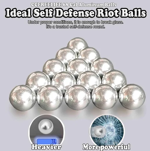 Vista 3 de . 68 bolas de aluminio Cal de autodefensa, aptas para SD/LE T4E HDS HDR con potencia máxima para entrenamiento y práctica de objetivos (0.26 oz)
