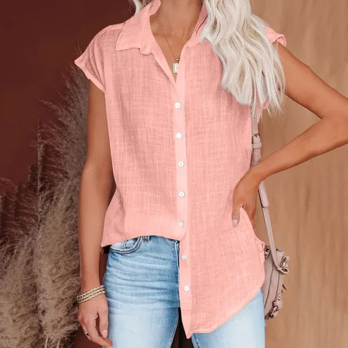 Vista 41 de Ceboyel Camisas para mujer de moda de verano, algodón, lino, manga corta, cuello con botones, blusa casual para mujer 2023