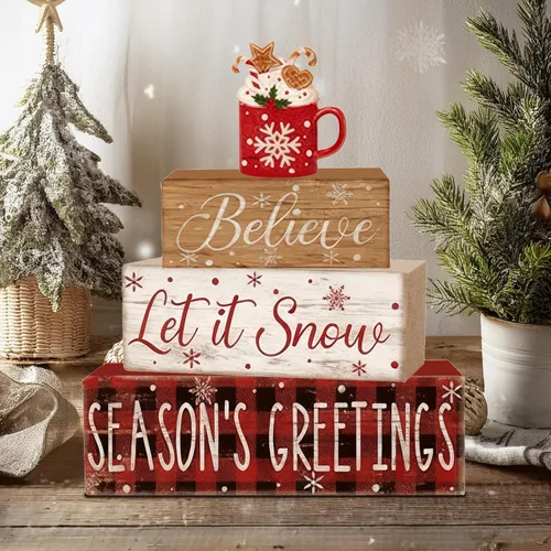 Vista 2 de 4 piezas de decoraciones navideñas para interiores - Decoración de mesa de madera de cacao para el hogar - Centro de mesa navideño para la mesa