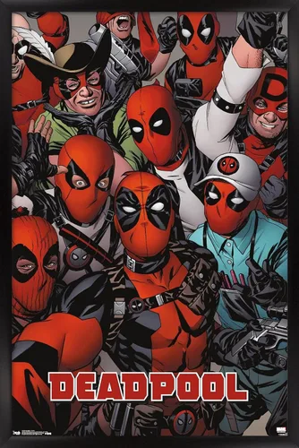 Vista 8 de Marvel Comics Deadpool - Póster de pared con caras, 22.4 pulgadas de largo x 14.7 pulgadas de ancho, versión enmarcada de madera de granero