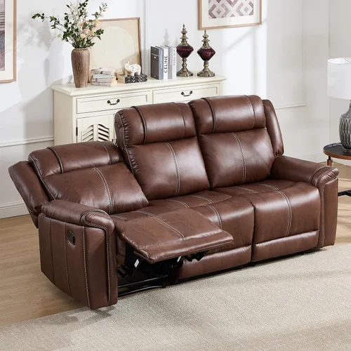 Vista 6 de EBELLO Sofá reclinable de cuero sintético de 3 plazas, sofá reclinable manual, silla de 3 asientos de estilo moderno de mediados de siglo con Marrón