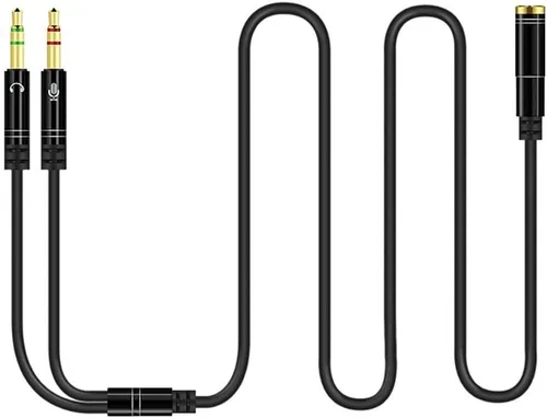 Vista 10 de Divisor de auriculares para computadora de 0.138 in hembra a 2 auriculares dobles de 0.138 in macho micrófono de audio y cable divisor en Y, Negro