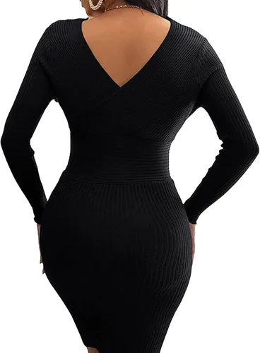 Vista 2 de LYANER Vestido corto ajustado de manga larga con cuello en V para mujer