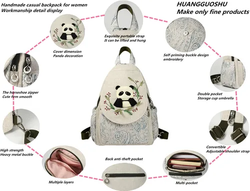 Vista 153 de HUANGGUOSHU Mochila de algodón tejida de algodón bohemio con bordado de lona estilo bohemio con múltiples bolsillos retro linda mochila cartera