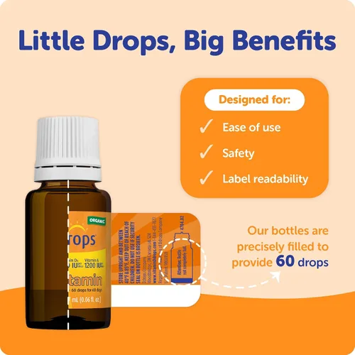 Vista 2 de Ddrops® Vitaminas líquidas orgánicas para bebés A&D gotas para bebés, 60 gotas. Apoya la salud ocular de los bebés, el desarrollo óseo y la función