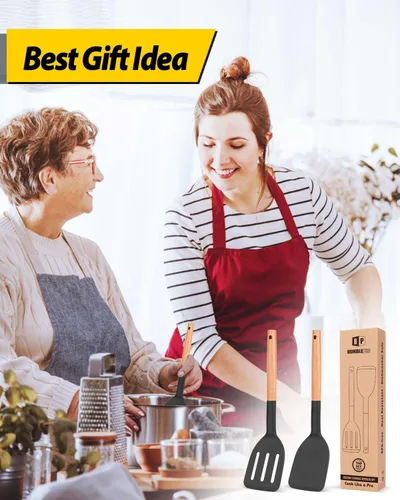 Vista 7 de Paquete de 2 espátulas de cocina de silicona, espátulas sólidas resistentes al calor, espátulas ranuradas antiadherentes con mango corto de madera