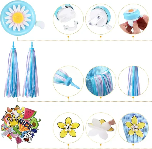 Vista 5 de Set de serpentinas para cesta de bicicleta para niños, cesta de mimbre para manillar de bicicleta con serpentinas de bicicleta coloridas, campana
