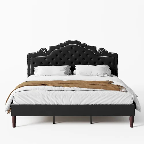 Vista 7 de WEEWAY Base de cama de plataforma tamaño King con tiara ajustable de terciopelo, cabecero curvado y alta resistencia, botón tapizado de diamante