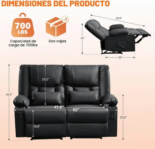 Vista 2 de HRVEOCEI Sofá reclinable de cuero negro con masaje/calor, sofá reclinable