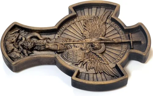 Vista 3 de Royal Wooden Collection Cruz de pared Guardián Arcángel Miguel icono colgante tallado en madera cristiana idea de regalo para hombres