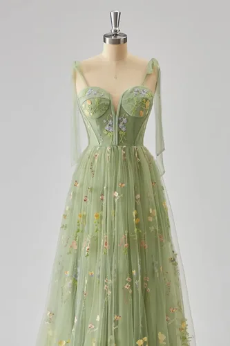 Vista 5 de Vestidos de fiesta de manga hinchada, tul bordado de flores, sin espalda, acampanado, vestido de fiesta formal de noche para mujer