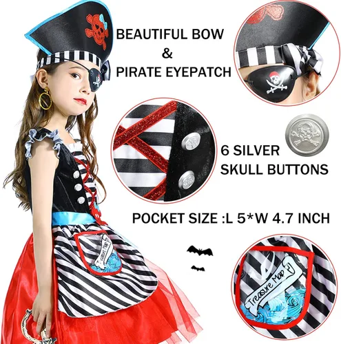 Vista 3 de Wizland Kids Pirate Costume Buccaneer Princess Costume Pirate Lass Costume Pirate Role Play Dress Up Set