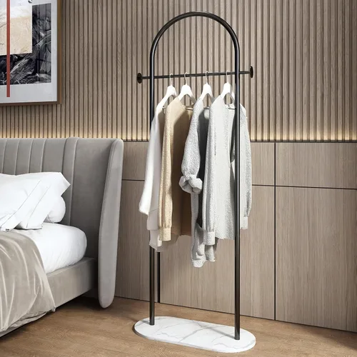 Vista 2 de Perchero independiente con base de mármol, moderno perchero de arco negro para espacios pequeños, perchero de metal resistente, percheros