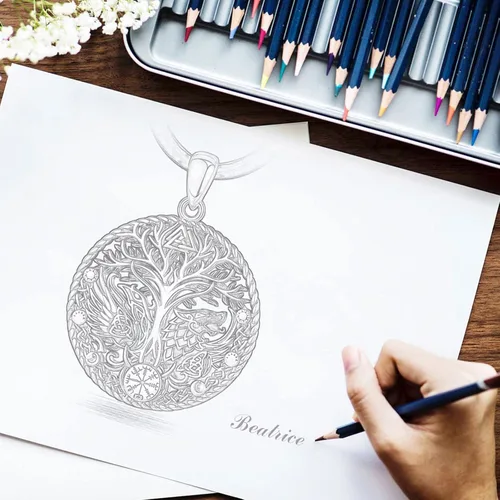 Vista 8 de Vito Collares vikingos de plata de ley 925 para mujeres y hombres, árbol nórdico de la vida, Odín, martillo de Thor, lobo, dragón, cuervo, caballo