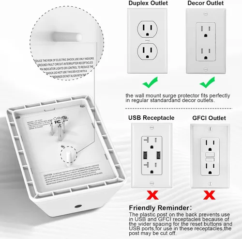 Vista 18 de Extensor de tomacorriente, protector de sobretensiones con 5 enchufes múltiples y 4 puertos USB (2 USB C), cargador de pared de regleta