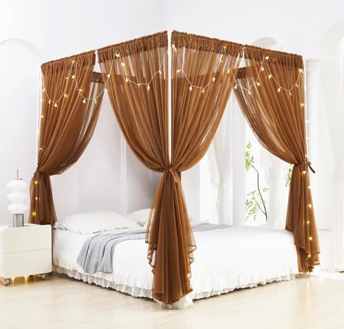 Vista 12 de Akiky Cortinas de Cama con Dosel con Luces de 4 Postes Esquineros para Adultos y Niñas, Cortinas de Cama con Red de Arcoíris - 8 Paneles