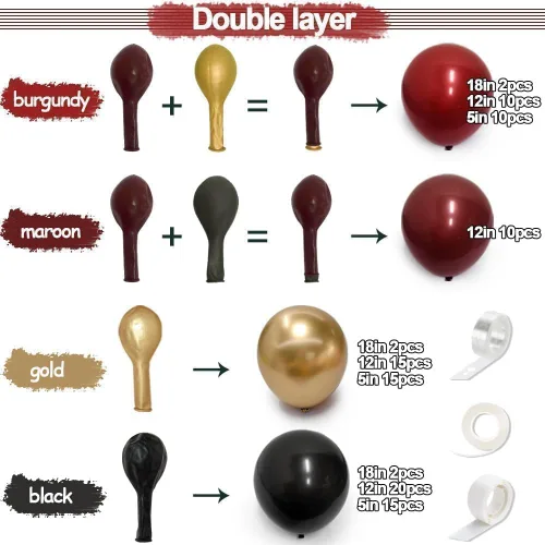 Vista 3 de Guirnalda de globos de color burdeos y negro con doble relleno, color rojo oscuro, dorado, granate y negro, kit de arco de globos para cumpleaños