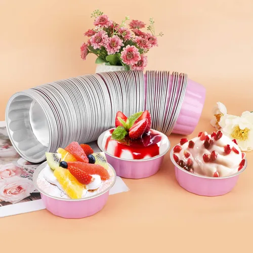 Vista 5 de Beasea - Vasos de aluminio con tapas, 8 onzas, paquete de 100 moldes desechables de 3.9 pulgadas, para hornear ramekin, taza de soufflé rosa