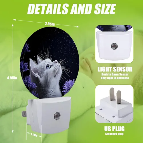 Vista 2 de Luz nocturna de gato blanco, flores moradas enchufables con sensor de atardecer a amanecer para dormitorio, baño y sala de estar, lámpara apta