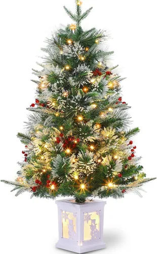 Vista 14 de Árbol de Navidad artificial preiluminado de 3 pies con luces, con base de copo de nieve, 78 luces LED, funciona con pilas, temporizador, fácil