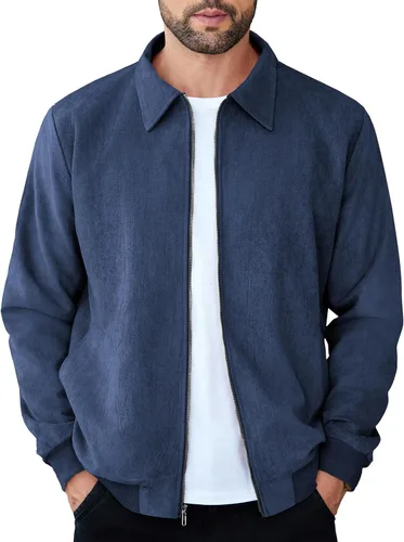 Vista 11 de COOFANDY Chaqueta bomber casual de ante para hombre, ligera, con cremallera completa, chaqueta de piel sintética vintage