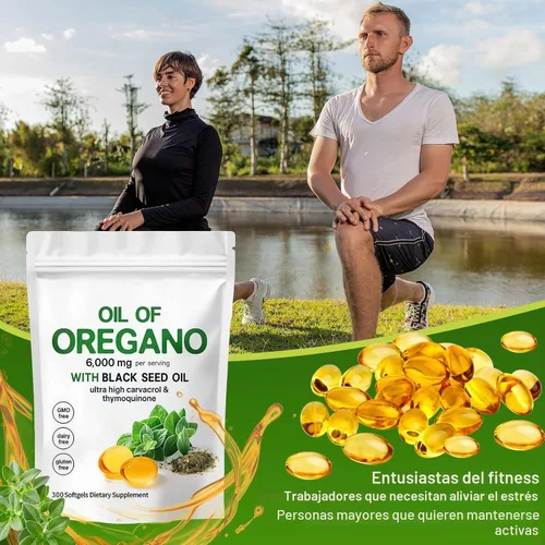 Vista 6 de Aceite de orégano con aceite de semilla negra 2 en 1 cápsulas, 300