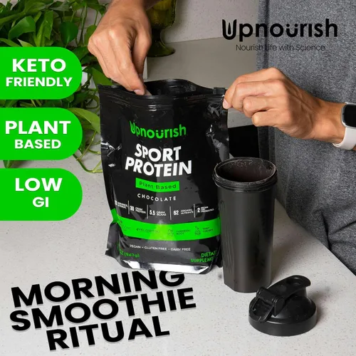 Vista 7 de Proteína vegana deportiva en polvo de chocolate, 20 porciones, 1.06 oz de proteína a base de plantas, VELOSITOL, BCAAs, verduras y frutas orgánicas