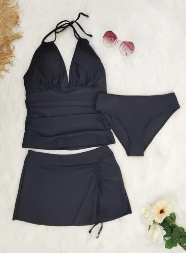 Vista 8 de SouqFone Traje de baño tankini de 3 piezas con cuello en V, control de abdomen y falda inferior de bikini (disponible en tallas grandes)