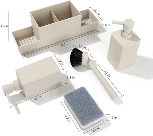 Vista 3 de Dispensador de jabón de cocina con soporte de esponja para fregadero, dispensador de jabón de manos y jabón para platos con cepillo beige mate