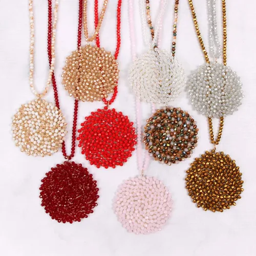 Vista 6 de RIAH FASHION Collar largo con dije de cuentas bohemias, cuentas de cristal brillante, disco trenzado bohemio con alambre redondo, lágrima, piedra