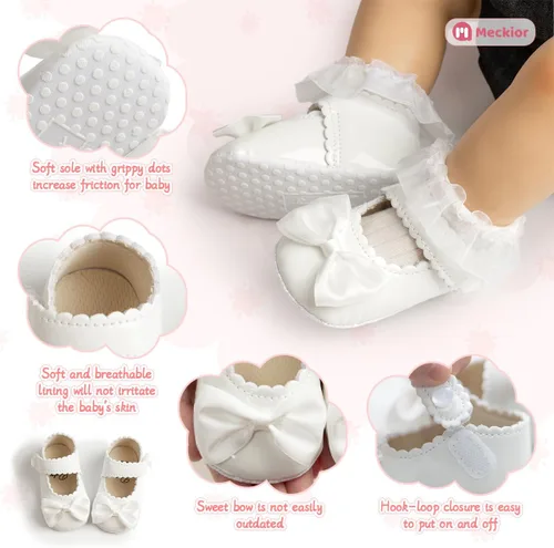 Vista 5 de Meckior Zapatos deportivos para bebé y niñas, suela suave, con lazo, princesa, vestido de boda, Mary Jane, planos, para recién nacidos, ligeros