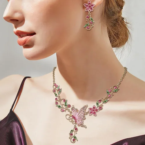 Vista 3 de EleQueen Conjunto de pendientes y collar de hojas de mariposa de cristal austriaco para mujer