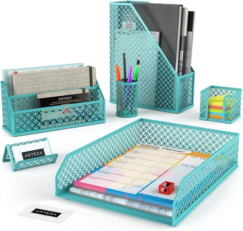 Vista 6 de ARTEZA Juego organizador de escritorio, 6 piezas, gris oscuro, incluye vaso para lápices, clasificador de cartas, bandeja, soporte para revistas