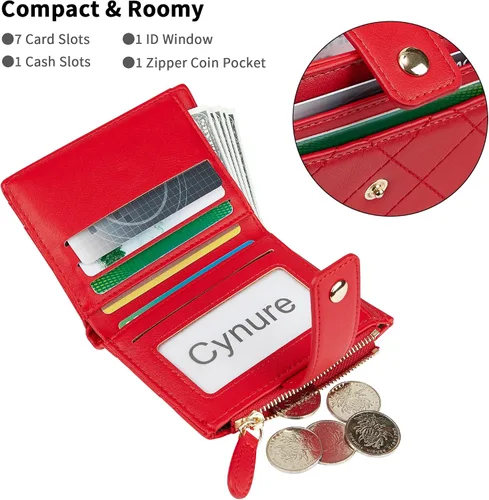 Vista 28 de Cartera de cuero para mujer, pequeña, compacta, plegable, con bolsillo para monedas con cremallera