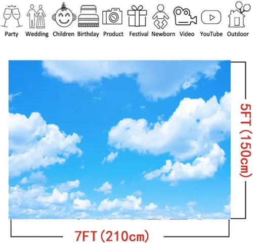Vista 6 de Telones de fondo de fotografía con tema de nubes blancas de cielo azul, 7 x 5 pies, cielo claro, para niños, fiesta de cumpleaños, cartel de recién