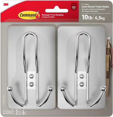 Vista 13 de Command - Gancho triple extragrande de níquel satinado, 1 gancho, 3 tiras, ganchos de pared para colgar sin daños con tiras adhesivas, ganchos