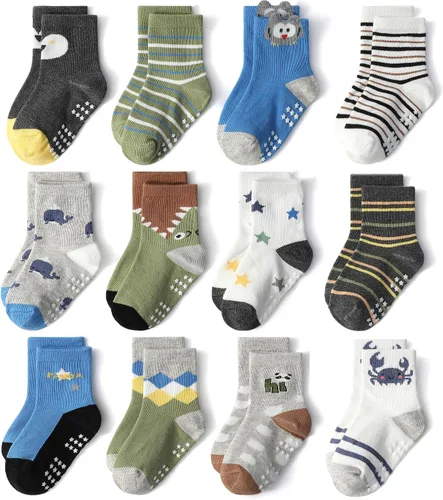 Vista 11 de SkiBeaut Calcetines antideslizantes para niños y niñas de 1 a 7 años, 12 pares de calcetines para niños y niñas