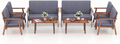 Vista 10 de Tangkula Juego de 4 piezas para conversación al aire libre, juego de sofá de madera de acacia con cojines de asiento y respaldo suaves, mesa Gris