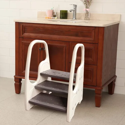 Vista 5 de Taburete de 3 escalones para niños pequeños, taburete de tres escalones para fregadero de baño o encimera de cocina, torre de pie, ayudante