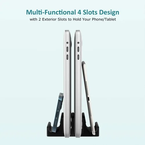 Vista 4 de Soporte vertical para laptop SPACEMax Soporte de escritorio de aluminio con 4 ranuras de silicona con 4 ranuras, soporte de doble muelle, 2 ranuras