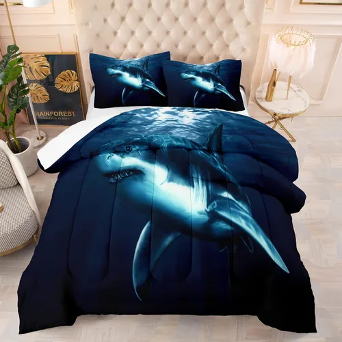 Vista 3 de NINENINE Juego de ropa de cama de tiburón azul para niños, tamaño Twin para adolescentes y niños, edredón azul marino, juego de cama con diseño