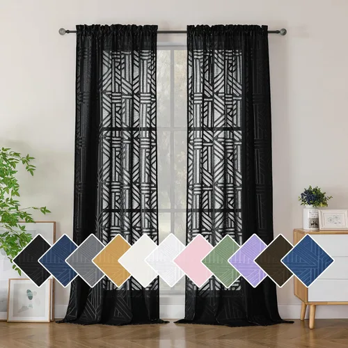 Vista 27 de Simplebrand Cortinas traslúcidas negras de cocina de 24 pulgadas de largo, 2 paneles, filtrado de luz, geométrico jacquard con textura, cortinas