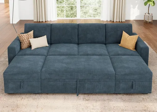 Vista 19 de HONBAY Sofá cama modular, sofá cama modular de pana extraíble con almacenamiento, sofás seccionales en forma de U para sala de estar, color azul