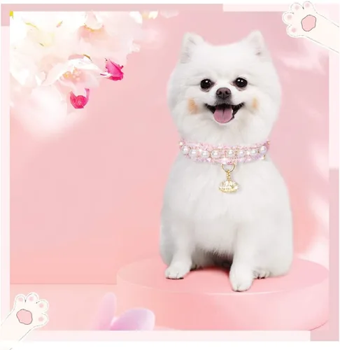 Vista 5 de Collar Premium de Cuero PU para Gato y Perro con Colgante de Concha - Ajustable, Perla Linda, Encaje Hermoso, Rosa Pequeña