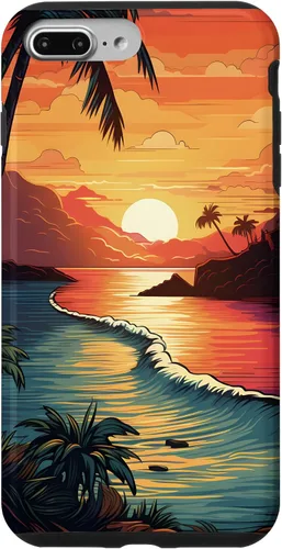 Vista 9 de Funda para iPhone 14 Sunset Beach con palmeras, colorida estética Hawaii