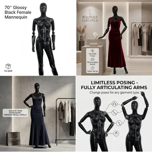 Vista 3 de Maniquí femenino negro brillante de 70 pulgadas con brazos ajustables, forma de vestido de cuerpo completo con base de metal para exhibición