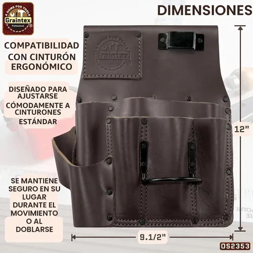 Vista 6 de Graintex Bolsa para Paneles de Yeso Color Marrón Cuero de Grano Superior Resistente, Soporte de Martillo de Acero, Cinturón de Herramientas