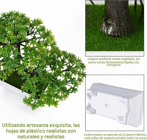 Vista 4 de Mini plantas de bonsái artificiales con macetas de cemento de plástico para la decoración del hogar y la oficina (verde)